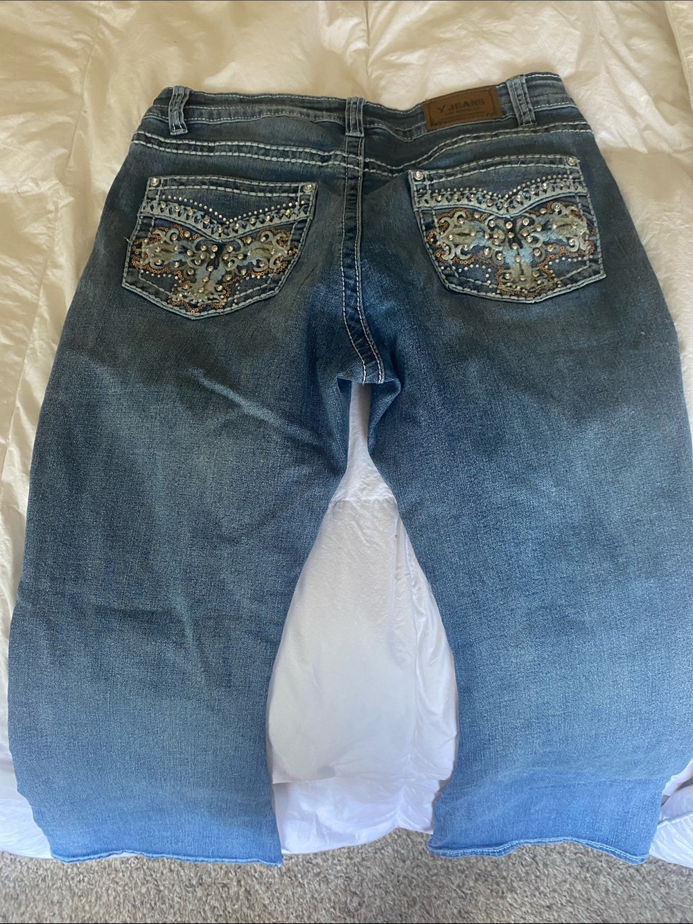 Y Jeans Embellished Blue Denim Jeans with Rhinestone & Sequin Pocket
